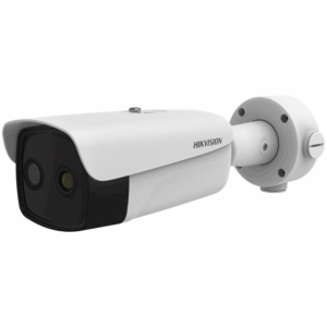 Weiße Überwachungskamera von Hikvision mit einem modernen, abgerundeten Design und zwei Linsen, montiert auf einer Wandhalterung.