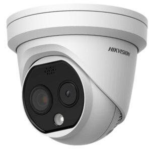 Weiße Überwachungskamera von Hikvision mit schwarzem Frontpaneel und mehreren Linsen.
