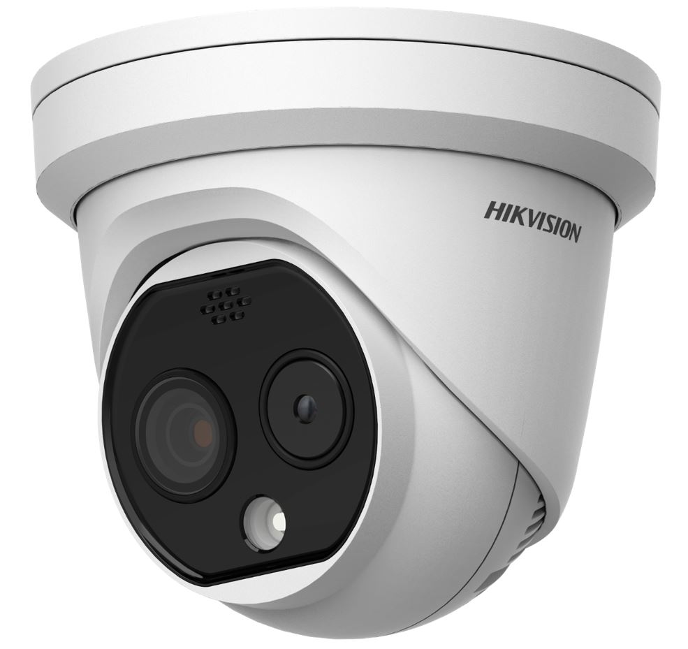 Weiß-graue Überwachungskamera von Hikvision in Nahaufnahme, mit zwei Linsen und einem modernen, abgerundeten Design.