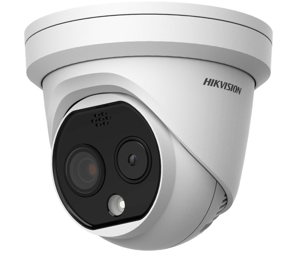Eine weiße Überwachungskamera der Marke Hikvision in Dome-Bauweise mit zwei Linsen und einem Infrarot-LED-Ring.