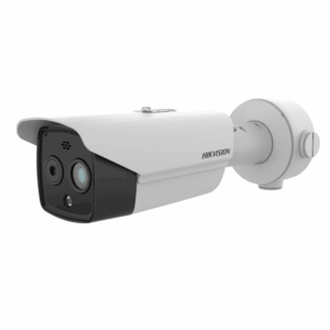 Eine weiße Hikvision Sicherheitskamera mit wetterfestem Gehäuse und zwei Linsen, montiert auf einer Drehhalterung.