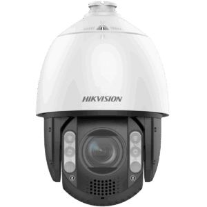 Weiß-schwarze Überwachungskamera von Hikvision, mit einem kuppelförmigen Gehäuse und prominentem Objektiv.