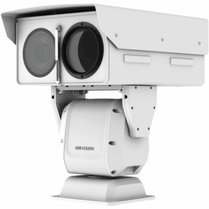 Eine weiße Überwachungskamera auf einem drehbaren Sockel mit zwei großen Linsen, gekennzeichnet mit dem Namen 'Hikvision'.