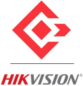 Rotes geometrisches Logo oberhalb des Schriftzugs "HIKVISION" in rot und grau.