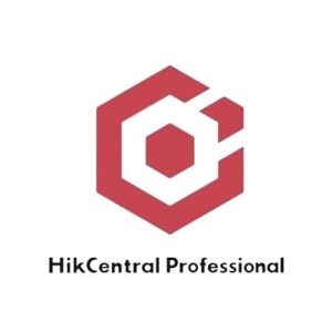 Ein rotes hexagonales Logo mit einem stilisierten Buchstaben "C" in der Mitte, darunter der Text "HikCentral Professional".