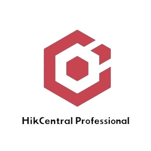 Ein rotes hexagonales Logo mit einem stilisierten Buchstaben "C" in der Mitte, darunter der Text "HikCentral Professional".