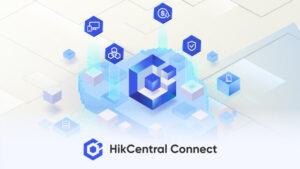 Illustration eines abstrakten, digitalen Netzwerks mit dem Logo "HikCentral Connect" und verschiedenen Symbolen, die Videoüberwachung, Sicherheit, Finanzen und Zugangskontrolle darstellen.