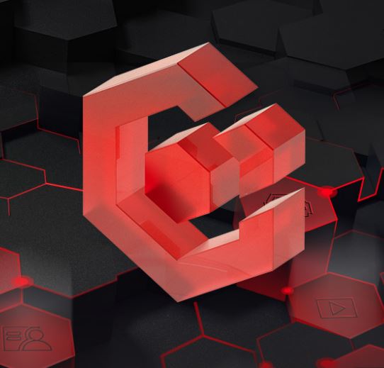 Ein rotes, futuristisches 3D-Logo, das ein stilisiertes "G" darstellt, schwebt über einer schwarzen, sechseckigen Oberfläche mit roten Akzenten.