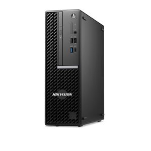 Ein schwarzer Tower-PC von Hikvision mit mehreren USB-Anschlüssen auf der Vorderseite und einem Lüftungsgitter.