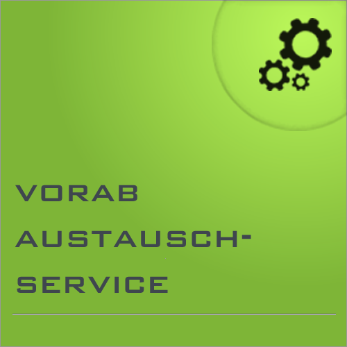 Grünes Quadrat mit drei Zahnrädern oben rechts und dem Text "VORAB AUSTAUSCH-SERVICE" in der linken Hälfte.