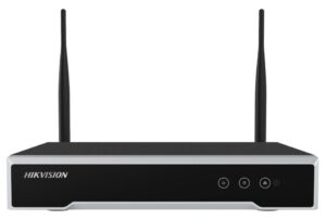 Schwarzes Netzwerkkontrollgerät von Hikvision mit zwei Antennen und drei Bedienknöpfen an der Vorderseite.