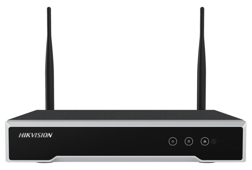 Schwarzes Netzwerkkontrollgerät von Hikvision mit zwei Antennen und drei Bedienknöpfen an der Vorderseite.