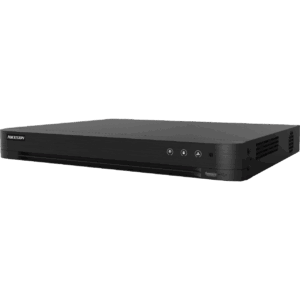 Ein schwarzer Hikvision Netzwerk-Videorecorder mit mehreren Anschlüssen und einem USB-Anschluss an der Vorderseite.