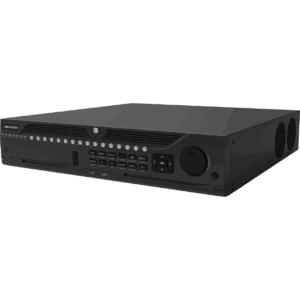 Ein schwarzer Hikvision Videoüberwachungsrekorder mit mehreren Tasten und einem Drehregler auf der Vorderseite.