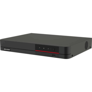 Ein schwarzer DVR-Rekorder von Hikvision mit Lüftungsgitter an der Seite und USB-Anschluss auf der Vorderseite.