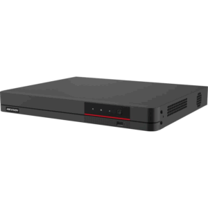 Ein schwarzer HIKVISION Netzwerk-Videorekorder mit schlichter, rechteckiger Form, Belüftungslöchern an den Seiten und einem USB-Anschluss an der Vorderseite.