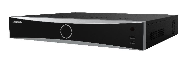 Ein schwarzer DVR-Rekorder mit einem minimalistischen Design und einem markanten, runden Knopf auf der Vorderseite.