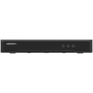 Ein schwarzer Hikvision-Digital-Video-Recorder mit schlichtem Design und drei Tasten auf der Vorderseite.