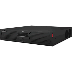 Ein schwarzer Hikvision Digital Video Recorder (DVR) mit mehreren Lüftungsschlitzen an der Vorderseite und zwei Lüftern an der Seite, geeignet für Überwachungssysteme.