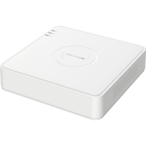 Ein weißer digitaler Videorekorder (DVR) von Hikvision mit abgerundeten Ecken, Lüftungsschlitzen an den Seiten und mehreren Status-LEDs auf der Oberseite.