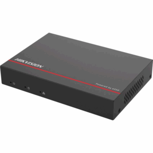 Eine schwarze Hikvision Videoaufzeichnungsbox mit einem roten Streifen und der Aufschrift 'Powered by eSSD'.