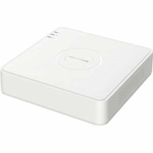 Weiße elektrische Box mit abgerundeten Ecken, die das Logo 'Hikvision' auf der Oberseite trägt; an einer Seite befinden sich Lüftungsschlitze.