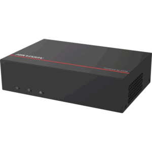 Schwarze Hikvision-Netzwerkvideorekorder (NVR) mit rotem Streifen, Lüftungsschlitzen und Bedienelementen auf der Vorderseite.