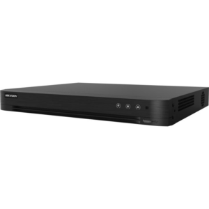 Schwarzer Hikvision DVR-Rekorder mit mehreren Tasten und einem USB-Anschluss auf der Vorderseite.