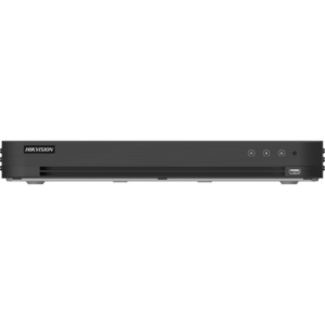 Ein schwarzer Hikvision-Recorder mit mehreren Tasten und Anschlüssen an der Vorderseite.