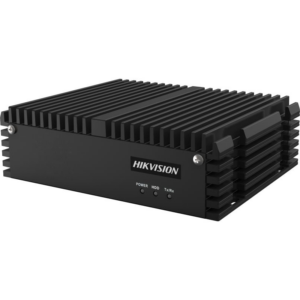 Ein schwarzer Hikvision-Industriedigitalvideorekorder mit einem Rippenkühler für bessere Wärmeableitung.