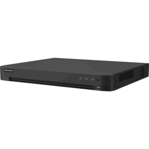 Schwarzer Überwachungsvideorekorder von Hikvision mit USB-Anschluss und mehreren Knöpfen an der Vorderseite.