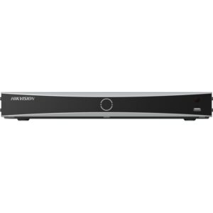 Ein Hikvision Videorecorder in Schwarz mit einem zentralen Bedienknopf auf der Vorderseite.