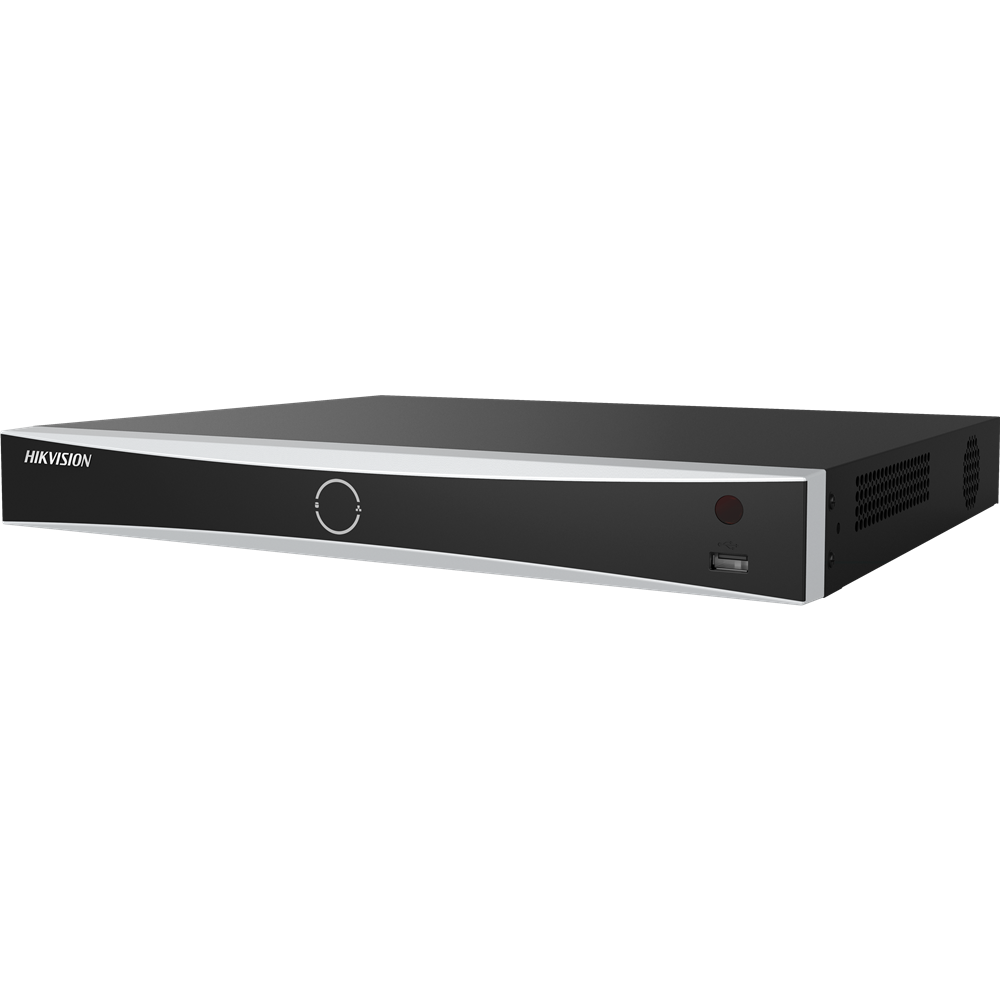 Ein schwarzer Hikvision Netzwerk-Videorekorder (NVR) mit silbernen Akzenten und USB-Anschluss auf der Vorderseite.