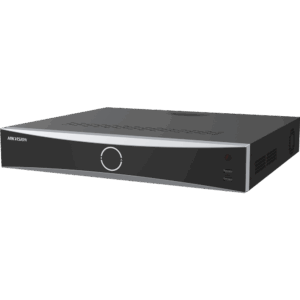 Ein schwarzer Rekorder von Hikvision mit einem modernen Design und USB-Anschlüssen an der Vorderseite.