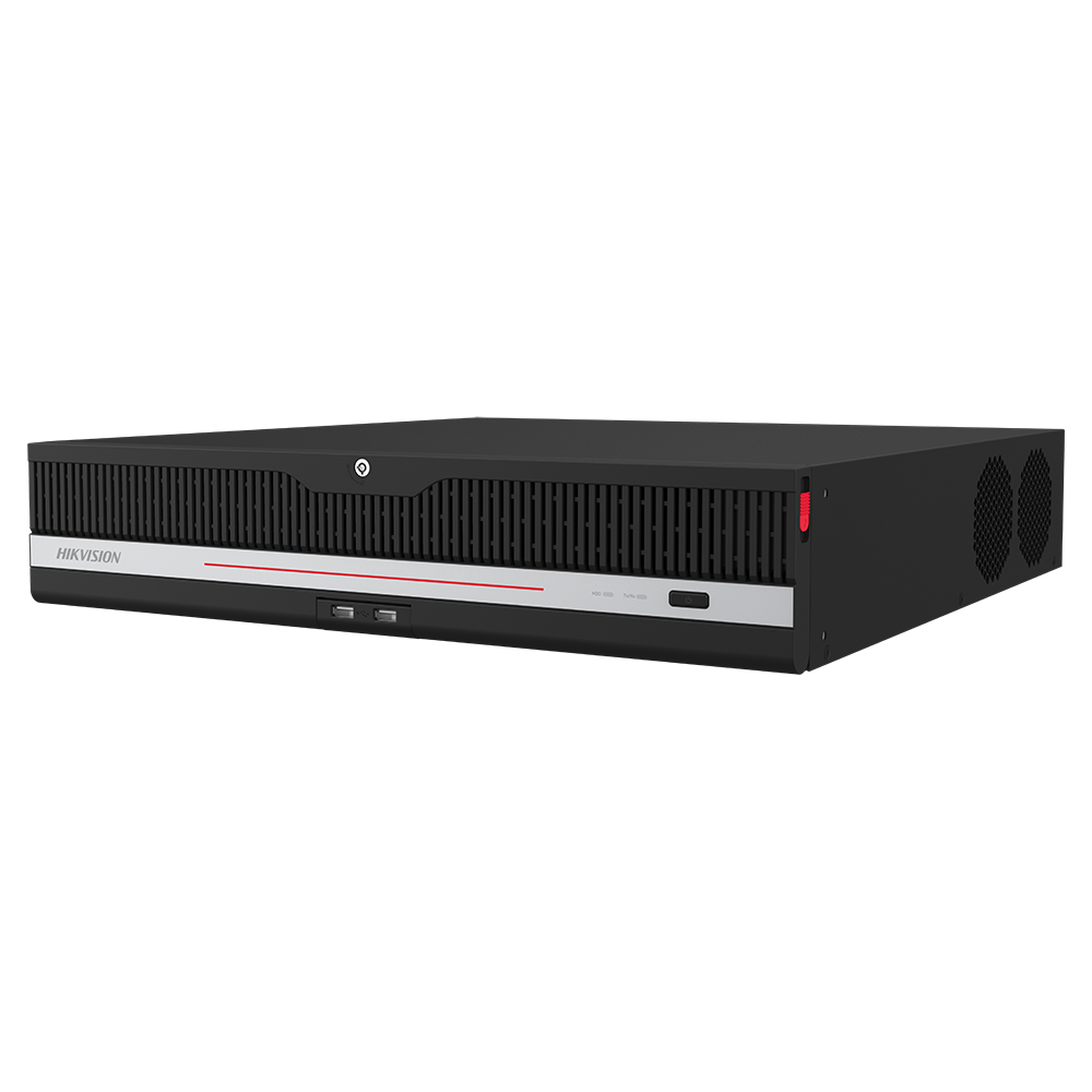 Digitaler Videorekorder von Hikvision in schwarzer Farbe mit Lüftungsschlitzen und mehreren Anschlüssen auf der Vorderseite, seitlich zwei große Lüfter sichtbar.