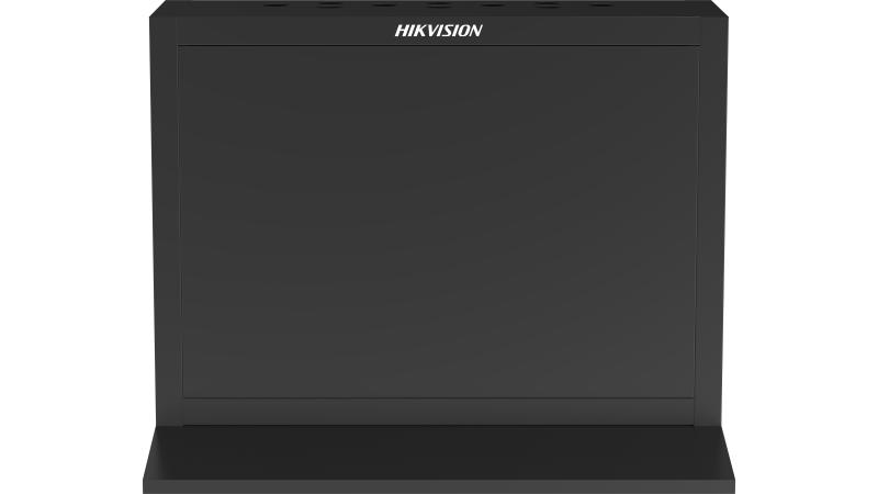 Ein schwarzes Bildschirmgehäuse von Hikvision mit einer stabilen, abgewinkelten Basis.