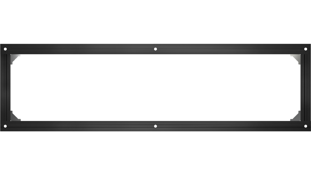 Rechteckiger schwarzer Metallrahmen vor weißem Hintergrund.