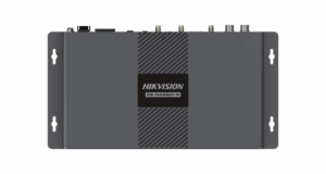 Graues elektronisches Gerät von Hikvision mit der Modellbezeichnung DS-0428D1-N, ausgestattet mit mehreren Anschlussports oben und Montagehalterungen an den Seiten.