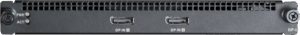 Vorderseite eines Elektronikgeräts mit zwei DisplayPort-Eingängen, Lüftungsschlitzen und Kontrollleuchten für PWR und ACT.