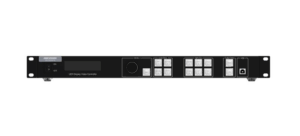 Frontansicht eines schwarzen LED-Display-Videocontrollers mit mehreren Tasten und Anschlüssen.