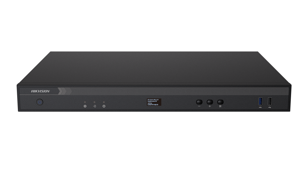 Ein schwarzer, flacher Hikvision Netzwerkkamera-Rekorder (NVR) mit Schaltern und Anschlüssen an der Vorderseite.