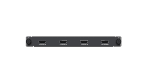 Eine schwarze HDMI-Verbindungstafel mit vier HDMI-Eingangsanschlüssen, jeweils mit der Bezeichnung „HDMI IN“ markiert, und zwei runden Knöpfen an den Enden.