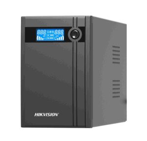 Schwarze USV-Einheit von Hikvision mit einem blauen LCD-Display auf der Vorderseite, das Betriebsinformationen anzeigt.
