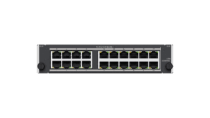 Ein 24-Port-Ethernet-Switch mit grün leuchtenden LED-Anzeigen über jedem Anschluss.