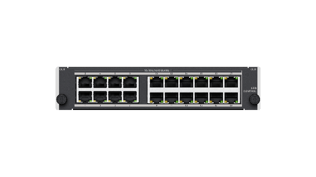 Ein 24-Port-Ethernet-Switch mit grün leuchtenden LED-Anzeigen über jedem Anschluss.