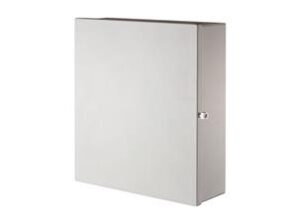 Ein schlichtes, silbernes Metallschrank mit glatten Oberflächen und einem kleinen Griff an der Seite.