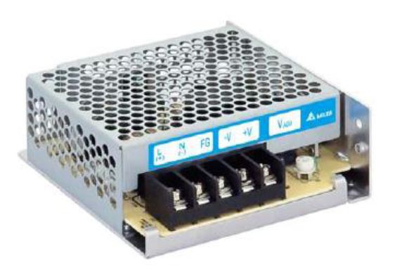 Schaltnetzteil mit einem belüfteten Metallgehäuse und Anschlussklemmen auf einer Leiterplatte, geeignet für industrielle Anwendungen.