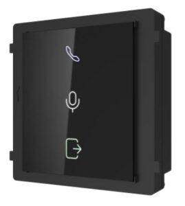 Schwarzer Touch-Bedienfeld mit Symbolen für Anruf, Mikrofon und Ausloggen.