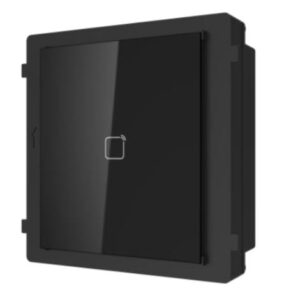Eine quadratische, schwarze Wandeinbau-Komponente mit einer glatten Oberfläche und einem kleinen Symbol in der Mitte.