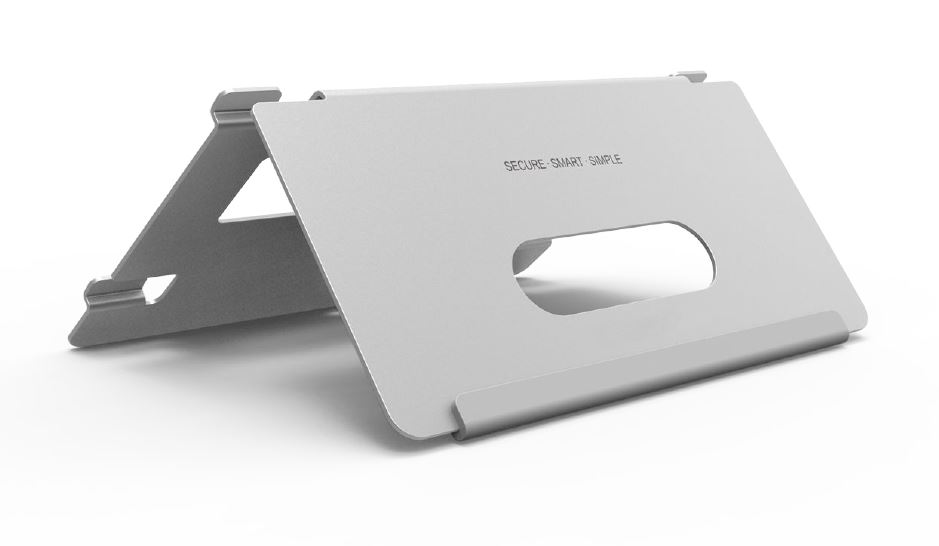 Aluminium-Laptopständer mit einem minimalistischen Design, der einen rechteckigen Schlitz in der Mitte hat und die Aufschrift "Secure. Smart. Simple" trägt.